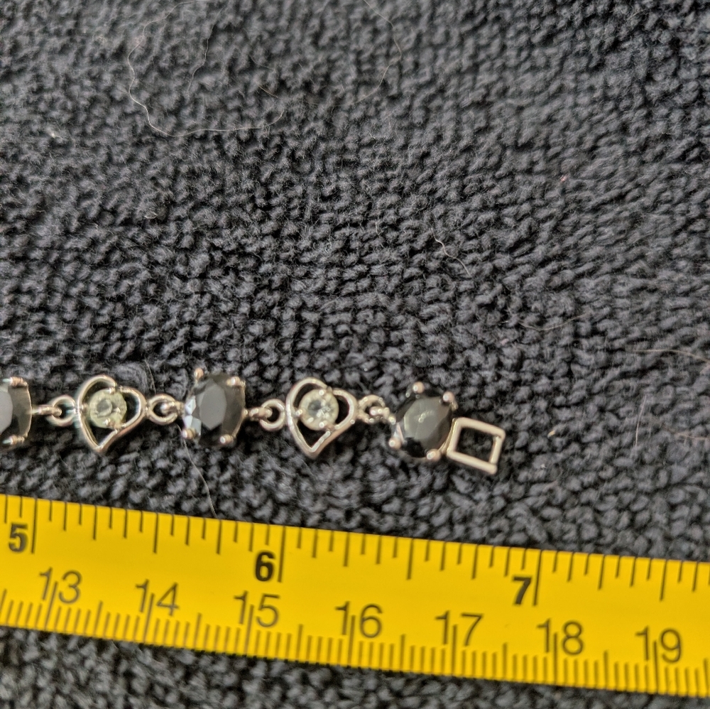 Silver Tone Black Stone Tennis Bracelet Clear Crystal Heart Link Elegant Fashion - Picture 6 of 6